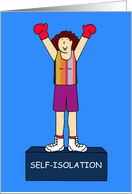 Covid Self-isolation Cartoon Female Boxer in Victory. card