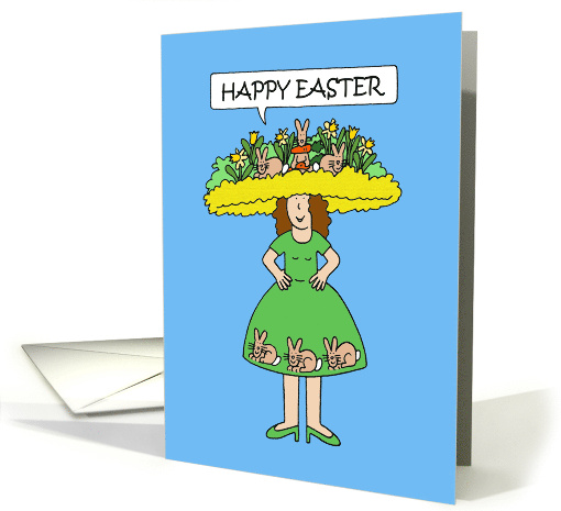 Coronavirus Happy Easter Cartoon Lady in Elaborate Hat and Dress card