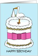 Happy Birthday to New Mom Cartoon Stork and Baby on a Cake card