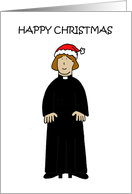 Happy Christmas Lady Vicar Curate Pastor in Santa Claus Hat Cartoon card