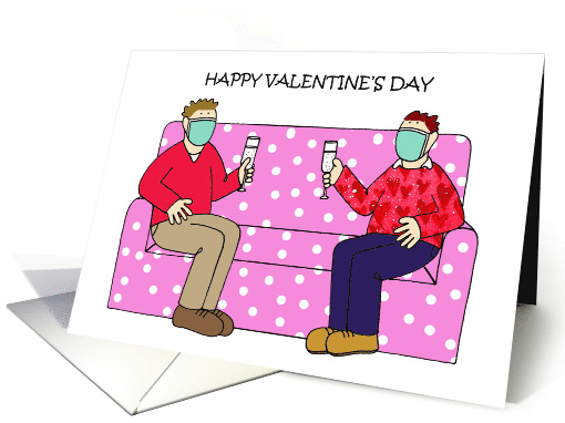 Happy Valentine's Day Cartoon Male Couple Wearing Facemasks card