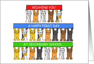 Happy First Day at Secondary School Cartoon Cats Holding Up Banners card