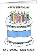 Happy Birthday to Tour Guide Cartoon Cake and Lit Candles card