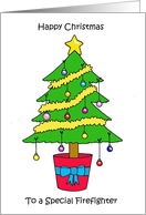 Happy Christmas Firefighter Festive Cartoon Tree with Baubles & Tinsel card