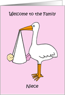 Welcome to the Family Niece Cartoon Stork and Baby Girl card