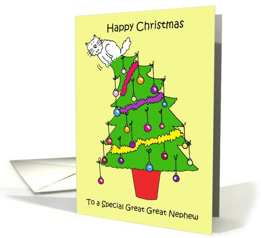 Happy Christmas Great Great Nephew White Cat up a Festive Tree card