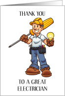 Thank You to Electrician Cartoon Man with Screwdriver and Light Bulb card
