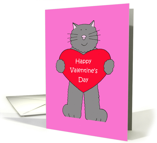 Happy Valentine's Day Cartoon Grey Cat Holding a Red Heart card
