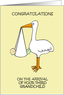 Congratulations Arrival of Third Grandchild Cartoon Stork and Baby card