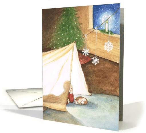 Believe - Christmas design with Child, Snowflakes and Cat card