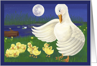 Duckling Bedtime, Illustration with Pond Scene at Night, Any Occassion card
