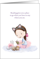 Little girl reading with kittens, blank card, any occasion card