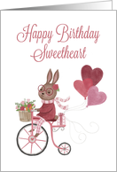 Happy Birthday Sweetheart with Rabbit on Bicycle and Heart Balloons card