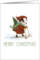 Merry Christmas Santa Badger on Skis with Tree card