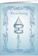 Blue Cottage Birdhouse We’re Moving Announcement card