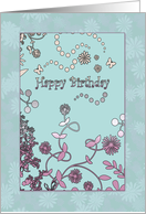 Retro Mod Aqua and Lavender Flowers and Butterflies Birthday Card