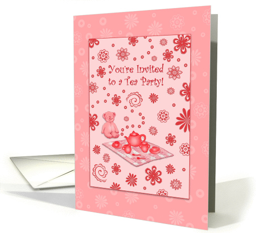 Pink Retro Flowers and Teddy Bear Picnic Tea Party Invitation card