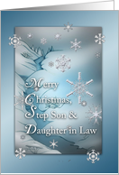 Merry Christmas Snowflakes on Blue for Step Son & Daughter in Law Card