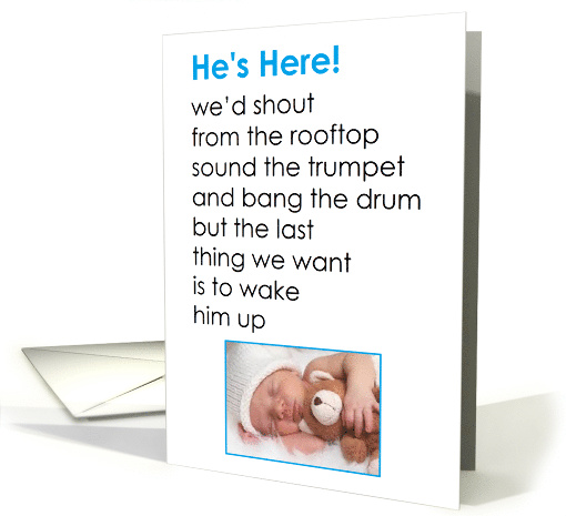 He's Here! - a funny birth announcement poem for a baby boy card