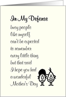 In My Defense - a belated Happy Mother’s Day poem for mom, from son card