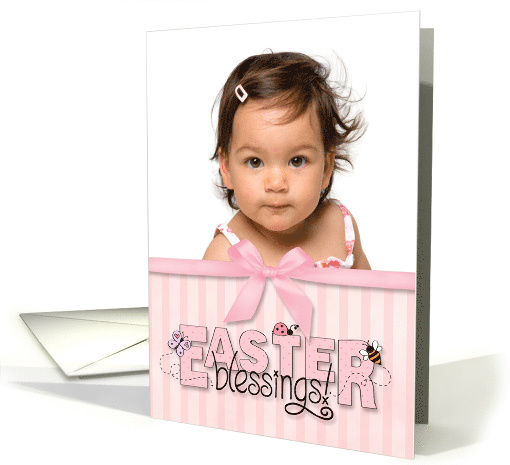 Easter Blessings, pink stripes & bow custom photo card (1234336)