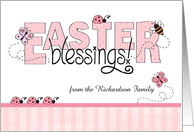 Easter Blessings, pink stripes & bow from custom name card