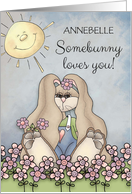 Somebunny Loves You! Custom Name Easter Bunny in flower field card