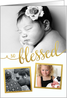 New Baby So Blessed faux gold foil holiday birth announcement photo card