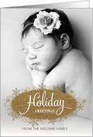Holiday Greetings faux glitter snowflakes custom name photo card