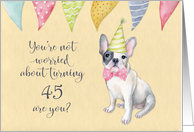 Happy 45th Birthday Worried Bulldog Party Hat and Banners card