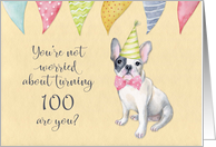 Happy 100th Birthday Worried Bulldog Party Hat and Banners card