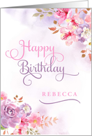 Personalized Happy Birthday pink and purple watercolor flowers card