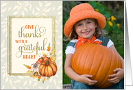 Custom Photo Thanksgiving Give Thanks Pumpkins and Leaves card