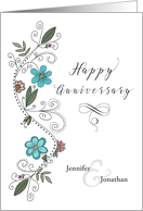 Happy Anniversary to Custom Names Hand Drawn Flower Swirl card