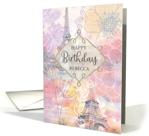 Birthday Custom Name Floral Eiffel Tower Watercolor Collage card