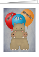 Happy 4th Birthday Hippo and Balloons Card