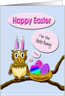 Easter Owl Bunny on Branch with Easter Eggs - funny, owl, easter eggs, card