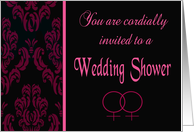 Lesbian Wedding Shower Invitation - Black & Pink Damask card