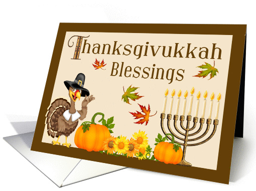 Thanksgivukkah Blessings - Turkey Pilgrim, Pumpkins & Menorah card