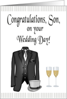 Congratulations, Son Wedding Day from Dad - Tuxedo, Hat & Champagne card