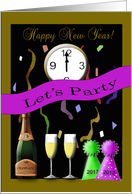 New Year’s Eve Party Invitation -Clock, Champagne, Hats, Confetti card