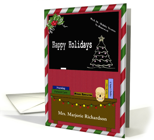 Custom Holiday Card for Nurse Educator - Chalkboard, Skull, Books card