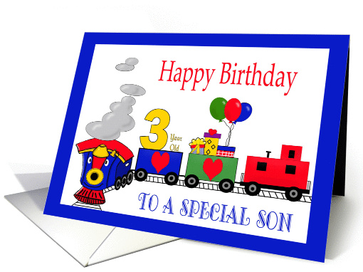 3 Year Old Birthday For Son -Train, Number, Balloons, Presents card