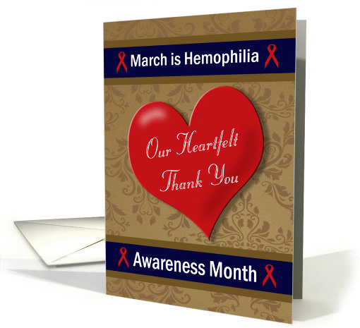 Hemophilia Awareness Month - Large Heart, Red Ribbons, Damask card