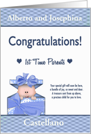 Custom 1st Time Parents Congratulations - Baby in a Box, Blue Accents card