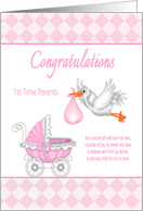 Congratulations 1st Time Parents - Stork with Baby, Baby Carriage card