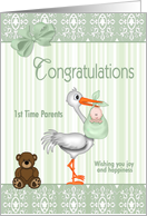 Congratulations 1st Time Parents - Stork with Baby & Teddy Bear card