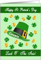St. Patrick’s Day for Cousin- Leprechaun Hat, Shamrocks, Gold Coin card