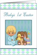 Baby’s 1st Easter - Baby Boy, Stuffed Bunny, Duck & Easter Egg card