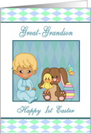 1st Easter Great-Grandson - Baby Boy, Bunny, Duck, Easter Egg card
